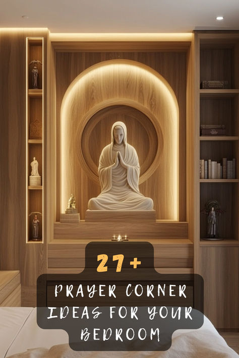 Looking to add a peaceful touch to your bedroom? Discover 27 unique prayer corner ideas that will inspire tranquility and reflection. Create a serene space where you can connect with your spirituality and unwind. Each idea is designed to enhance your bedroom ambiance and provide you with the perfect spot for prayer and meditation. Click to explore more! ✨🙏🌿💖 #PrayerCornerIdeas #BedroomDesign #SpiritualSpace #HomeDecor #MeditationNook #CreativeSpaces #InteriorInspiration Hindu Prayer Room Ideas, Prayer Altar At Home, Prayer Room Ideas Catholic, Catholic Prayer Room, Prayer Room Design Muslim, Small Prayer Room, Prayer Corner Ideas Bedrooms, Spiritual Room Meditation Space, Prayer Corner Ideas