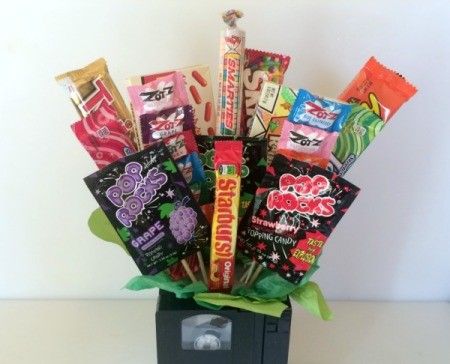 Making a VHS Tape Candy Bouquet | ThriftyFun Fruity Candy, Custom Coffee Cup, Candy Bouquet Diy, Edible Bouquets, Mom Coffee Cups, Candy Bouquets, Custom Coffee Cups, Custom Candy, Girly Gifts