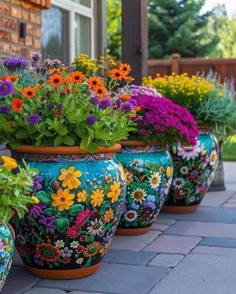 Step Display, Painted Pots Diy, Painted Plant Pots, Painted Clay Pots, Large Flower Pots, Diy Flower Pots, Garden Whimsy, Flower Pots Outdoor, Painted Flower Pots