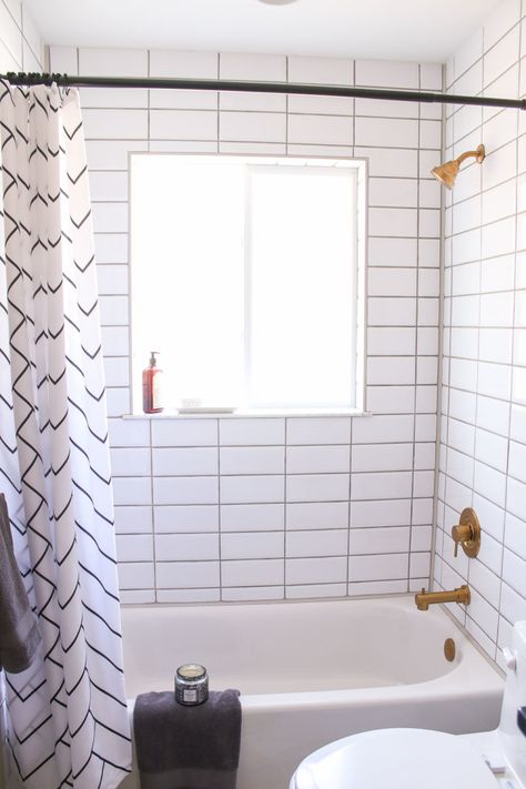 Bathroom Window In Shower Ideas, Bath Shower With Window, Tile Around Shower Window, Small Shower With Window, Tile Shower With Window, Window In Shower Ideas, Stacked Tile Shower Wall, Shower Tub Surround, Tile Around Window