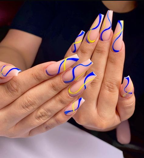 Rams Nails Design, La Rams Nails, Volleyball Nails Designs, Rams Nails, Blue And Yellow Nails Designs, Ukraine Nails, Volleyball Nails, Bright Blue Nails, Dance Nails