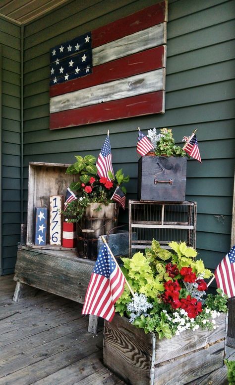 Summer Porch Ideas Front Doors, July 4 Porch Decor, July 4th Home Decor, Americana Front Porch, Americana Front Porch Ideas, Red White And Blue Porch Ideas, Memorial Day Porch Decor, Americana Porch Decor, Patriotic Porch Ideas