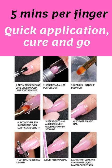 NOTE: OUR POLY GEL KIT NOT INCLUDE SLIP SOLUTION, BUT YOU CAN USE BASE COAT GEL OR ALCOHOL INSTEAD. THERE ARE SAME EFFECT. Quick Building and Long Lasting: The builder gel can Build Beautiful Nail Extensions in 3 minutes even for a beginner! Lasts up to one month when applied appropriate Healthy and Natural: This poly gel for nail kit contains 9 Toxin Free Ingredients keeping your nails healthy with a low odor formula! No harsh ingredients or adhesives #Nail care #Beauty #affiliate #sponsored Clear Poly Gel Nails, How To Use Poly Gel, How To Use Poly Gel Nails, How To Apply Polygel Nails, Slip Solution For Poly Gel, Builder Gel Nails Tutorial, Poly Gel Nails Design, Nail Implant, Pink Nail Gel