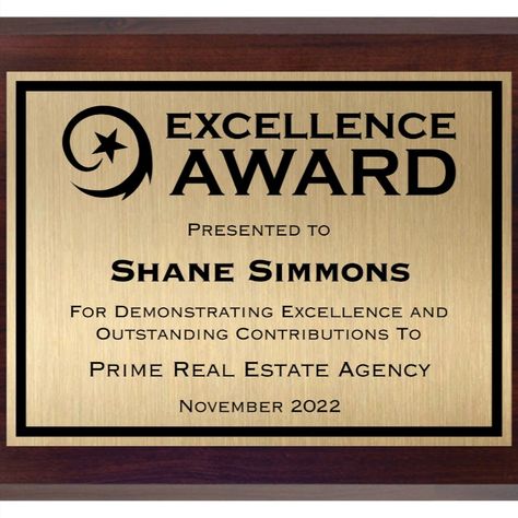 • Excellence Award Plaque
• Each Plaque is Personalized to Order - Easy Text Entry on Customize Now page
• Size: 10"x8"
Recognize that star employee, organization member or individual contributor
Hand assembled in the USA Award Ideas, Personalized Plaques, Award Plaque, Employee Recognition, Excellence Award, Page Sizes, Novelty Sign, Size 10, Quick Saves