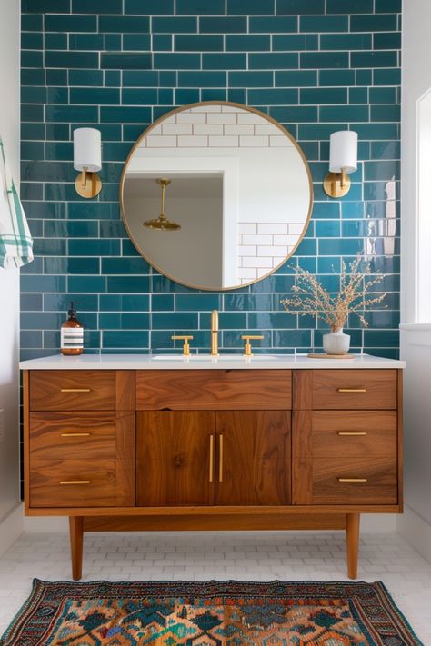 Use tiles and decor to create a stunning mid-century modern bathroom with these tips and ideas. Jewel Tone Bathroom, Mid Mod Bathroom, Mid Century Bathroom Remodel, Mcm Bathroom, Midcentury Modern Bathroom, Bathroom Wallpaper Ideas, Modern Bathroom Ideas, Pond House, Mid Century Modern Bathroom