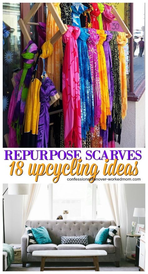 Dozens of Ways to Repurpose Scarves to Accessorize and Decorate Repurpose Scarves, Scarves Ideas, Hanging Scarves, Diy Stencils, Fabric Scarf, Repurposed Clothing, Diy Scarf, Repurposed Items, Repurposed Jewelry