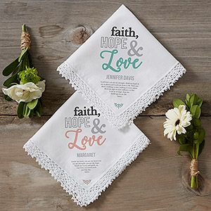 Personalized Handkerchiefs | Personalization Mall Personalized Handkerchief, Personalized Handkerchiefs, Personalization Mall, Personalized Memorial Gifts, Personalized Throw Pillow, First Communion Gifts, Communion Gifts, Faith Hope Love, Memorial Keepsakes