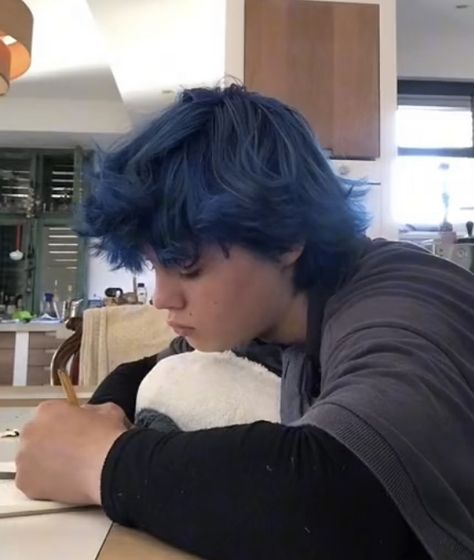 Guy With Blue Hair Aesthetic, Blue Curly Hair Men, Men With Blue Hair, Blue Faded Hair, Blue Mens Hair, Navy Blue Hair Short, Guys With Colored Hair, Blue Hair Men Aesthetic, Navy Blue Hair Men