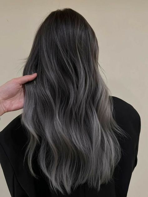 Balayage Ash Grey Brown, Ash Grey Balayage Highlights, Grey Korean Hair, Black Grey Balayage Hair, Grey Hair Ombre Balayage, Ash Colored Hair Grey, Natural Gray With Lowlights, Dusty Gray Hair, Brown Hair Grey Balayage