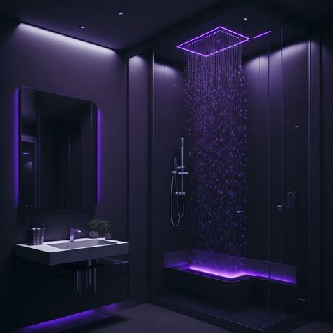 Cool Showers Dark, Black Luxury Bathroom Interior Design, Black Aesthetic Room Decor Ideas, Modern Luxury Minimalist Interior Design, Aesthetic Black Bathroom, Purple Black Bathroom, Minimalist Dark Bathroom, Bedrooms Dark Aesthetic, Purple Shower Aesthetic