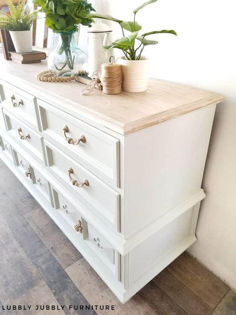 Painted White Dresser With Gold Hardware, Modern Farmhouse Furniture Colors, White Vintage Dresser Bedroom, Refinished Dresser Wood Top, Refinished Dresser White And Wood, Cream Painted Dresser Ideas, White Dresser With Natural Wood Top, White Wash Wood Dresser, Beige Wood Furniture