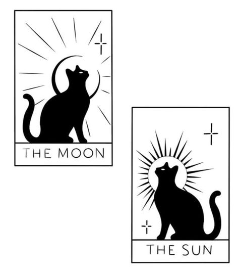 Cat Tattoo Designs Matching, Black Cat And Golden Retriever Tattoo, Tarot Matching Tattoos, Cat Friend Tattoo, Matching Black Cat Tattoos, 3 Cat Tattoo Ideas, Cat Sun And Moon Tattoo, Cat Friendship Tattoo, Cat Tarot Tattoo