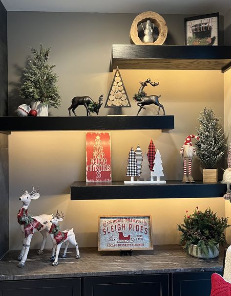 Small Christmas Shelf Decor, Floating Shelf Christmas Decor Living Room, Floating Shelves Christmas Decor Living Room, Christmas Decorations On Shelves, Christmas Decor For Floating Shelves, Xmas Shelf Decor, Christmas Decorations For Shelves, Christmas Decor Floating Shelves, Christmas Floating Shelves