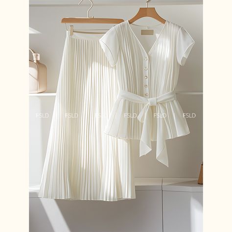 Lady Suit, Slim Blouse, Short Dress White, Laced Up Shirt, 2 Piece Sets, Pleated Long Skirt, Elegant Office, Skirt Short, White Chiffon