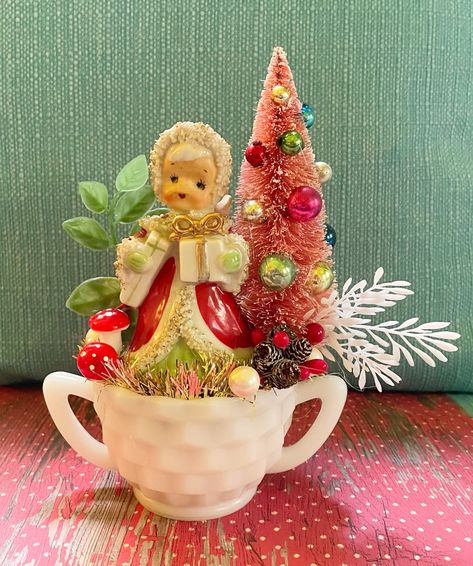 Dime Store Chic — Vintage Christmas Angel in Milk Glass Container Decoration Christmas Assemblage Ideas, Glass Bowl Christmas Tree Diy, Christmas Trash, Container Decoration, Christmas Assemblage, Victorian Ornaments, Bottlebrush Trees, Christmas Kitsch, Christmas Florals