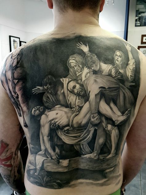 Caravaggio Tattoo, Country Tattoos, Heaven Tattoos, Full Back Tattoos, Tattoo Clothing, Back Tattoos For Guys, Painting Tattoo, Religious Tattoos, Chest Tattoo Men