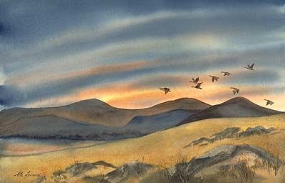 Western Meadowlark Watercolor, Dusk Watercolor, Watercolour Ducks Watercolor Painting, Dawn Treader Painting, Watercolor Dock Sunset, Geese Flying, Beautiful Color Combinations, Watercolor Ideas, Watercolor Images