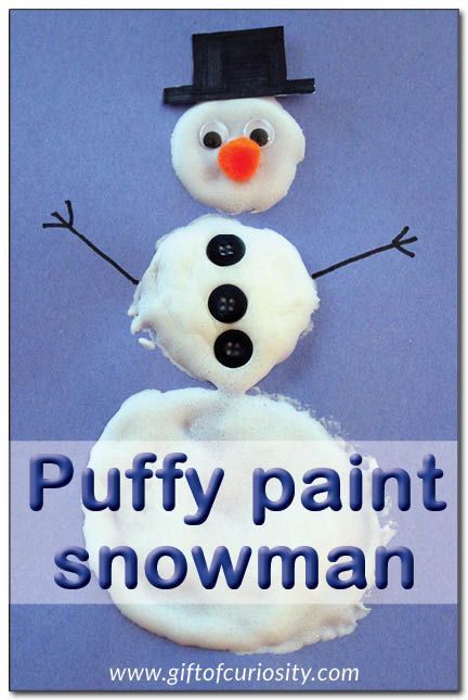 Puffy paint snowman: Create these 3-D snowmen using puffy paint you can make at home with just two simple ingredients. A great winter craft project! || Gift of Curiosity Diy Rain Stick, Rain Stick Craft, Rain Stick Crafts, Diy Astronaut, Paint Snowman, Snowmen At Night, Diy Schneemann, Winter Activities Preschool, Snowman Craft