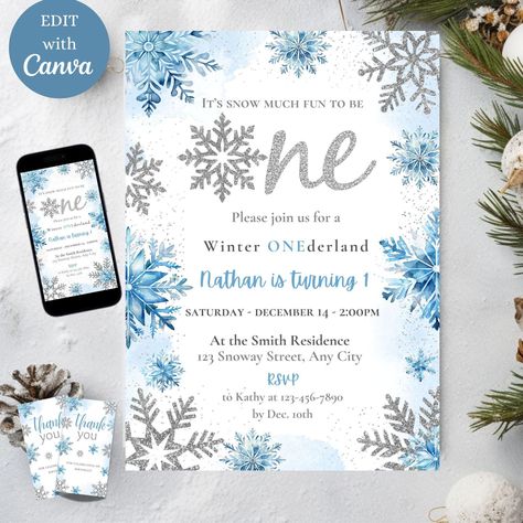 Editable WINTER ONEderland Invitation, Blue Silver Winter Wonderland Invite, Boy Snowflake First Birthday Party Template, Instant Download This Editable invitation is an instant download Template that can be sent electronically via text/email or printed out at home or local print shop. This is an easy, affordable and great way to send your loved ones a beautiful invitation to your special event.  You can choose to edit the template to send electronically in a 1080 x 1920 size that fits most smar Winter Wonderland Party Invitations, Winter Onederland Party Boy, Winter Baby Birthday, Wonderland Party Invitations, Birthday Party Template, Winter Wonderland Invitations, Winter Onederland Invitations, Winter Onederland Party, Winter Wonderland Birthday