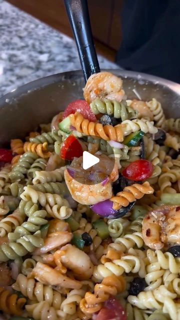 Seafood Network🦞🦐🦀🦑🐙🍤 on Instagram: "Shrimp Pasta Salad 🍤 🎥eatwitzo  Full Ingredient List:   2 lbs garden rotini pasta  1 lb shrimp seasoned to taste  1/2-1 cup Italian dressing  1-2 tbsp garlic paste  1 whole cucumber diced  1-2 packs grape tomatoes sliced  1 small onion diced  1/2-1 cup sliced olives  1-2 tbsp sazon complete/total seasoning  1-2 tbsp black pepper  1-2 tbsp garlic powder (optional)  1-2 tbsp onion powder (optional)  *Season to your preference, taste as you go!* #seafoodnetwork" Salads Pasta, Shrimp With Good Seasons Dressing, Shrimp Pasta Salad With Italian Dressing, Shrimp Pasta Salad Recipes, Seafood Pasta Salad Crab And Shrimp With Italian Dressing, Seafood Pasta Salad, Cold Pasta Salad Recipes With Italian Dressing And Shrimp, Shrimp Bow Tie Pasta Salad, Shrimp Pasta Salad Recipes Cold Old Bay