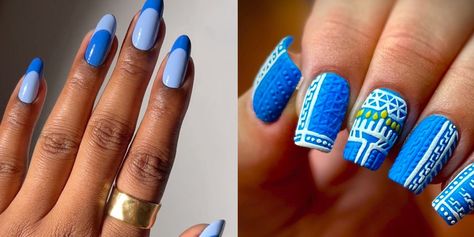 Nail Art Designs For Hanukkah, Hanukkah Nail Art, Hannukah Nail Ideas, Hanukkah Nails Designs, Chanukah Nails, Jewish Nails, Hanukkah Nails, Blue Glitter Nail Polish, Strong Healthy Nails