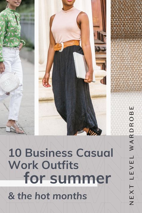 10 Summer Business Casual Outfits for Hot Weather. When it comes summertime, what is business casual? How do you balance the line of comfortable and cool, yet office-appropriate? About work outfits for summer, work wardrobe essentials for warm climates, women's summer fashion for the workplace. Business Casual Sundress, Summer Outfits Office Business, Smart Casual Outfits For Women Summer, Casual Work Clothes Summer, Casual Summer Work Outfits 2023, Classy Summer Work Outfits For Women, Summer Office Outfits Women 2023, 2023 Business Attire Women, Summer Outfits 2023 Work Casual