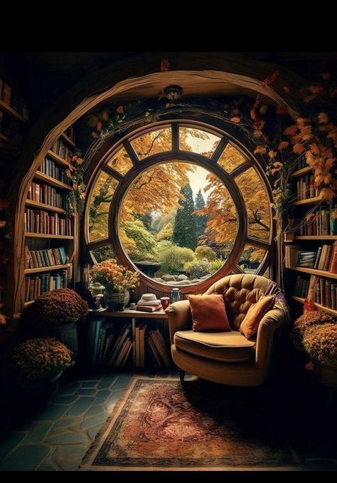 Fantasy Cottage Interior, Cozy Home Library, Casa Hobbit, Fantasy Cottage, Lots Of Books, Magical House, Fairytale House, Fantasy Rooms, Hobbit Hole