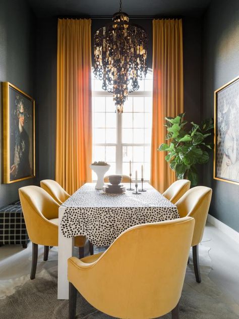 Bold Dining Room, Yellow Dining Chairs, Dining Room Artwork, Yellow Chairs, Yellow Dining Room, Upholstered Headboards, Dining Room Windows, Modern Eclectic, White Oak Floors