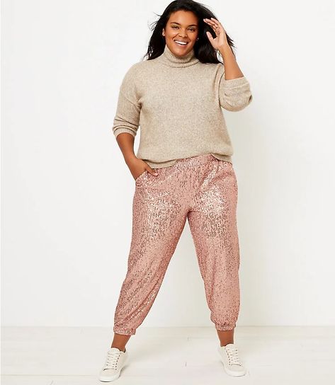 Loft Sequin Jogger Pants Gold Sequin Pants Outfit, Pink Joggers Outfit, Sequin Pants Outfit, Sequins Pants Outfit, Outfits With Pink, Gold Sequin Pants, Sequin Joggers, Sequin Jogger Pants, Loft Outfits