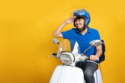 Photo delivery man riding motorcycle and... | Premium Photo #Freepik #photo #motor-delivery #motor-courier #motorcycle-delivery #delivery-scooter Man Riding Motorcycle, Blue Uniform, Motorcycle Men, Riding Motorcycle, Yellow Background, Delivery Man, Vector Photo, Premium Photo, Yellow