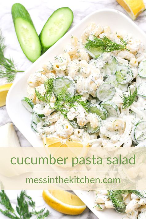 Refreshing, creamy, and delicious! This creamy Cucumber Pasta Salad is my favorite unique summertime side. This version will knock your socks off with big, fresh dill and lemon flavor with all the reminiscence of classic pasta salad. It's a guaranteed crowd-pleaser no matter your audience. Dill Cucumber Pasta Salad, Cucumber Ranch Pasta Salad, Easy Salad Recipes For Bbq, Cold Alfredo Pasta Salad, Cucumber Pasta Salad Vinegar, Pasta Salad Recipes For Picky Eaters, Pasta With Cucumbers, Creamy Dill Pasta Salad, Unique Cucumber Recipes