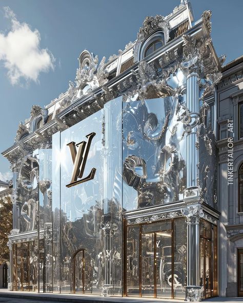 Hera Kim | ✨ Luxurious facade design, a celebration of maximalism and Baroque style, adorned with lavish silver details and exquisite mirrors.… | Instagram Fantasy Castle, Baroque Style, Maximalism, Conceptual Design, Design Your Dream House, 판타지 아트, Futuristic Architecture, Facade Design, Beautiful Buildings