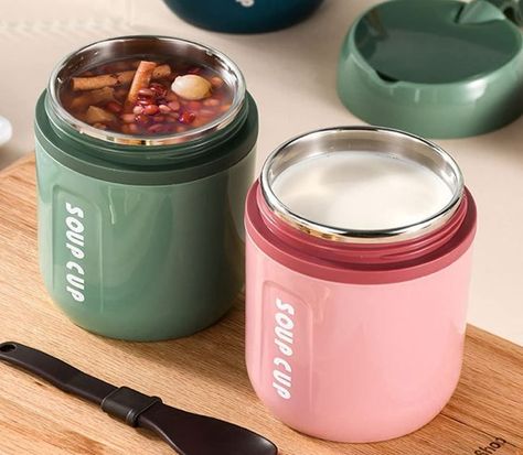 Insulated Food Flask - 16oz/480ML Stainless Steel Jar Vacuum Lunch Thermos Bento Box Containers Soup Cup Protable Leak Proof Thermal Soup Bowl with Foldable Spoon (Green) Lunch Thermos, Mug Food, Bento Boxes Containers, Lunch Box Thermos, Thermos Food Jar, Outdoor Lunch, Thermos Mug, Thermal Lunch Box, Soup Cup