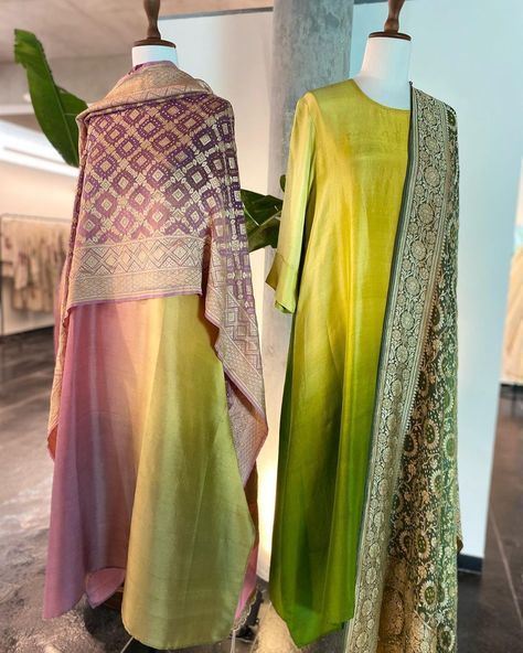 Elan on Instagram: “Shades of summer - light flowing silks with charming ombré, matched with rich dupattas by #meghnapanchmatia New on our racks ⏰ 11am - 7pm…” Desinger Dresses, Simple Kurtis, New Dress Pattern, Classic Suits, Churidar Neck, Long Blouse Designs, Designer Anarkali Dresses, Lehenga Saree Design, Latin Quarter