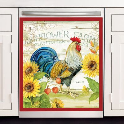 This colorful country rooster magnet design by artist, Susan Winget©, instantly updates your kitchen. The design features a brightly colored rooster surrounded with sunflowers and is finished with a red border. The magnet affixes easily to the dishwasher giving it a fresh, designer look. Wipes clean with a dry cloth. Not for use on stainless steel. Magnet and plastic. 23"L x 26"H. | Winston Brands Hastyar Dishwasher Panel, Stainless Steel | 26 H x 0.03 W x 23 D in | Wayfair 66719 Dishwasher Panel, Kitchen Decor Signs, Country Rooster, Dishwasher Cover, Magnet Design, Dishwasher Magnet, Susan Winget, Kitchen Magnet, Red Border