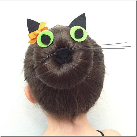 Pin for Later: You've Never Seen Wacky Hair Day Ideas as Crazy as These A Pretty Cat Halloween Buns, Crazy Hair For Kids, Halloween Hairstyles, Dance Hair, Fun Buns, Bella Hair, Wacky Hair Days, Holiday Hair, Crazy Hats