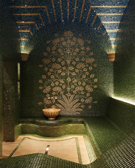 Te Ohonga Interiors ™️ TOI | Beautiful Hammam ✨ * Courtesy of @danieli_home ✨ * * #hammam #bathhouse #green #tiles #exquisite #bathroomstyle #ddhome_hammam #turkishbath | Instagram Hammam Bathroom, Moroccan Bath, Green Tiles, Spa Room Decor, Sauna Steam Room, Steam Sauna, Spa Room, Turkish Bath, Steam Room