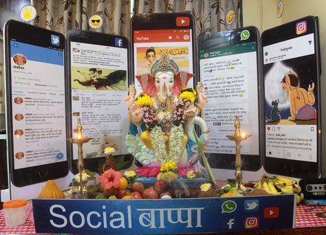 Ganpati Decoration - Social Networking Sites Theme Ganapati Decoration Unique Ideas, Theme Based Ganpati Decoration, Ganpati Decoration At Home Unique Theme, Ganpati Decoration Ideas Creative Unique, Ganpati Decoration Theme Ideas, Aarti Decoration, Bappa Decoration, Eco Friendly Ganpati Decoration, Ganesh Aarti