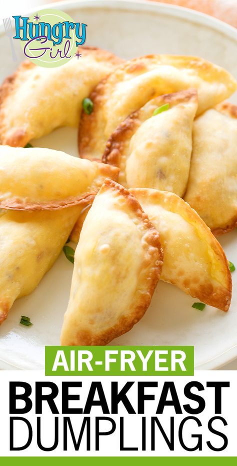 Bacon, Egg & Cheese Breakfast Dumplings + More Healthy Air-Fryer Recipes | Hungry Girl Apples Air Fryer, Air Fryer Recipes Healthy Low Carb, Wonton Wrapper Recipes, Air Fryer Breakfast Recipes, Bacon Egg Cheese, Air Fryer Breakfast, Hungry Girl Recipes, Wonton Recipes, Sweet Apples