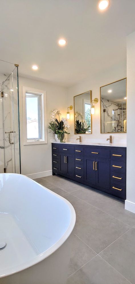 Westwood Bathroom - Modern - Bathroom - Los Angeles - by Riki S. Design | Houzz Tub On Platform Master Bath, Primary Bath With Freestanding Tub, Free Standing Jacuzzi Bath Tub, Freestanding Tub With Ledge Behind, Bathrooms 2024, Free Standing Bathtub, Bathroom Blue, Standing Bathtub, Free Standing Bath Tub 60”