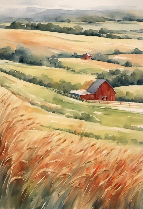 Watercolor Farm Landscape, Watercolor Landscape Art, Farm Watercolor Paintings, Prairie Watercolor, Watercolor Cottages, Farmhouse Watercolor, Farm Painting, Room Watercolor, Watercolor Barns