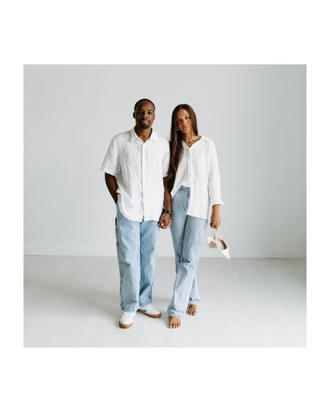 These studio moments with Lexie + Jay made me feel like I want to do engagement sessions inside forever 🥲 . . . #austinweddingphotographer #sanantonioweddingphotographer #studioengagementsession #thelumenroom Denim And White Couple Photoshoot, White Shirt And Jeans Outfit Photoshoot Couple, Couples Studio Photoshoot, White Tshirt And Jeans, Pre Wedding Photoshoot Outfit, Pre Wedding Shoot Ideas, Couple Pic, Snap Streak, Couple Session