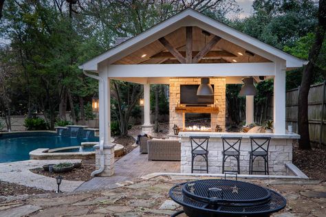 Backyard Patio Designs Screened In, Outdoor Kitchen Separate From House, Freestanding Covered Patio Ideas, Outdoor Covered Grill Area, Pool Cabana With Fireplace, Covered Patios Attached To House With Fireplace, Pavilion Design Backyard, Outdoor Kitchen Covered Patio, Outdoor Pavilion With Kitchen