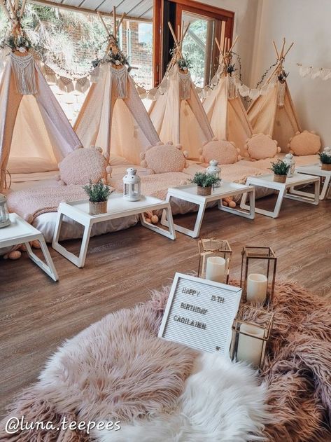 Spa Party Tents, Boho Birthday Party Sleepover, Tents Birthday Party, Boho Teepee Sleepover Party, Boho Slumber Party Ideas, Birthday Tent Ideas, Boho Slumber Party, Boho Tent Party, Boho 13th Birthday Party Ideas