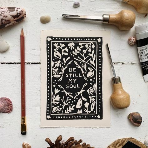 Be Still My Soul Block Print Art Print - Etsy Mountain Block Print, Sgraffito Ideas, Block Print Art, Be Still My Soul, Gardening Journal, Linoleum Print, Linocut Printmaking, Lino Art, Linocut Art