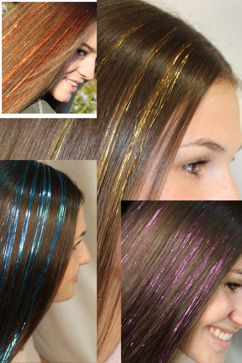 Tinsel In Hair Ideas, Highlight Extensions, Remove Sun Tan From Face, Hair Tinsels, Bloom Party, Hair Designs For Girls, Tinsel Extensions, Get Rid Of Tan, Hair Training