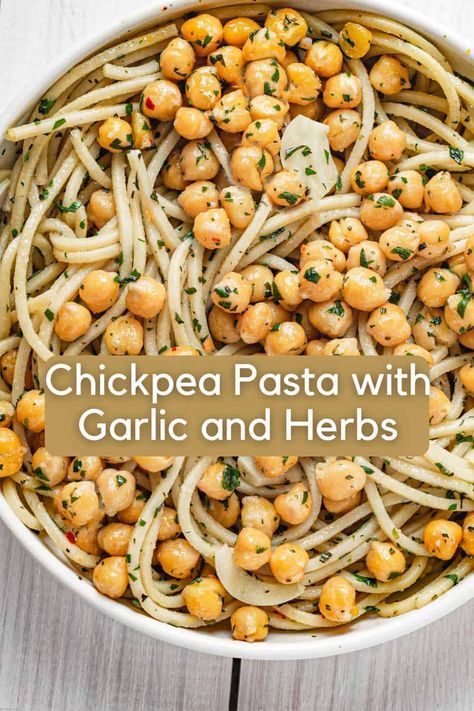 This recipe for Chickpea Pasta with Garlic and Herbs is quick and easy to make, budget-friendly, kid-friendly, and vegan. Chickpea Pasta Vegan, Chickpea Recipes Pasta, Healthy Chickpea Pasta Recipe, Garlic Chickpea Spaghetti, Chic Pea Pasta Recipes, Vegan Chickpea Pasta Recipes, Easy Chickpea Dinner, Easy Vegan Pasta Dinner, Quick And Easy Chickpea Recipes