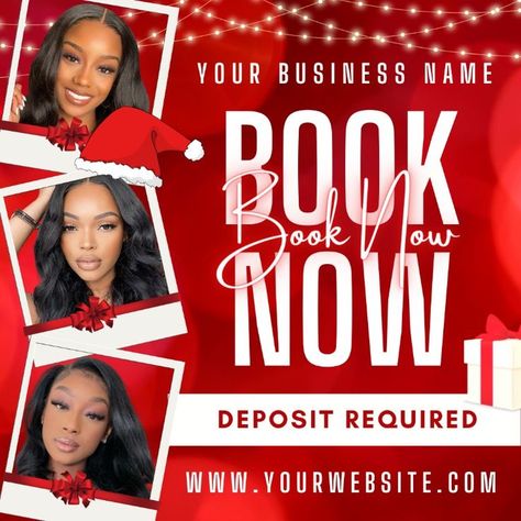 Christmas Holiday Book Now Flyer, Booking Open Flyer, Appointments Available Flyer, Hair Lash Makeup Nails Braids, Red December Template December Template, Girly Graphic Design, Braids Red, Diy Social Media, Holiday Flyer Template, Lash Makeup, Holiday Flyer Design, Canva Flyer, Hair Business Cards