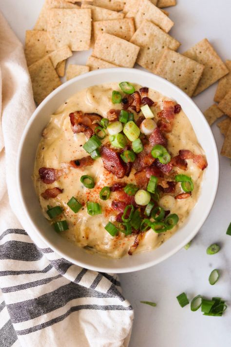 This Whole30 and keto caramelized onion and bacon dip is so addicting and makes a perfect game day snack. It's completely dairy free, but you'll never know by how creamy is it! #superbowl #whole30 #keto #paleo #dairyfreedip #Glutenfree #gamedayappetizer #lowcarb #whole30dip Keto Appetizers Dairy Free, Dairy Free Onion Rings, Keto French Onion Dip, Carmelized Onion And Bacon Dip, Paleo Onion Rings, Bacon Potato Salad Recipe, Paleo Dips, Paleo Meat Recipes, Bacon Dip Recipes