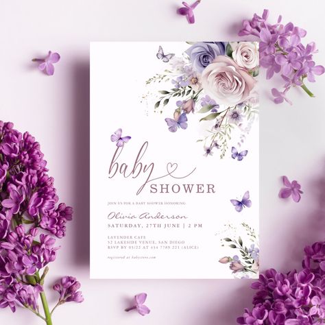 Purple Baby Shower Invitations, Purple Butterfly Baby Shower Theme, Butterfly Baby Shower Invite, Dust Purple, Rose Minimalist, Garden Baby Shower Theme, Butterfly Baby Shower Theme, Butterfly Baby Shower Invitations, Chunky Baby